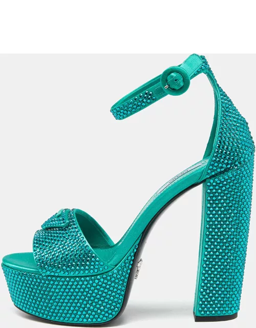 Prada Green Satin Crystal Embellished Platform Ankle Strap Sandal