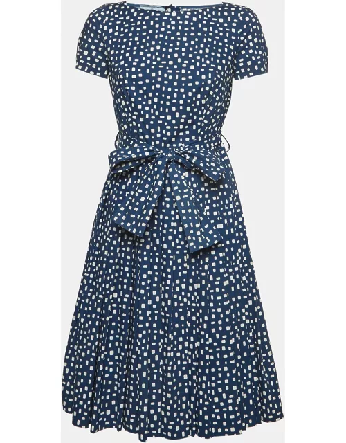 Prada Navy Blue Geometric Print Cotton Pleated Mini Dress