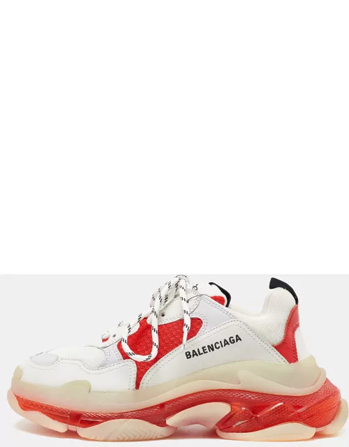 Balenciaga White/Red Leather and Mesh Triple S Clear Sole Sneaker