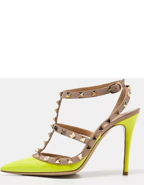 Valentino Neon/Pink Patent and Leather Rockstud Ankle Strap Sandal