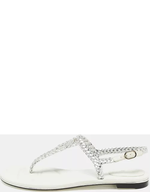 Chanel Silver Twisted Leather Slingback Flat Sandal