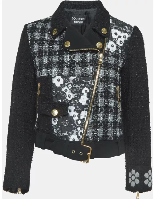 Boutique Moschino Monochrome Jacquard Trim Tweed Zipper Jacket
