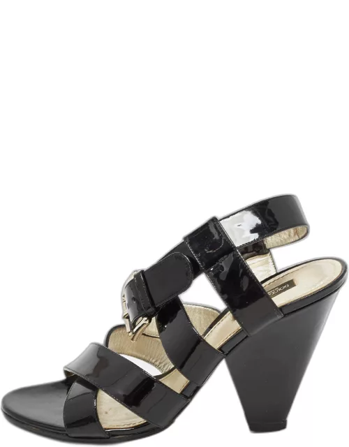 Dolce & Gabbana Black Patent Leather Ankle Strap Sandal