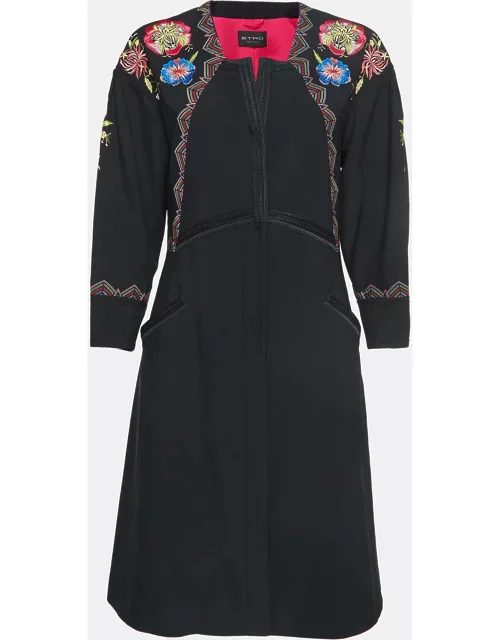 Etro Black Floral Embroidered Crepe Mid-Length Coat