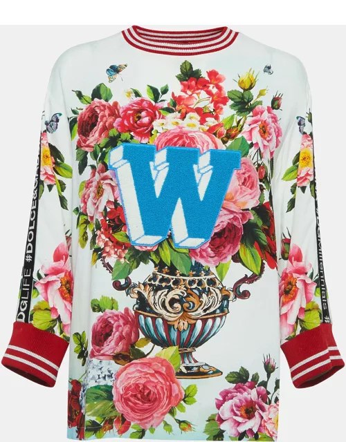 Dolce & Gabbana Off White Floral Print Crepe Applique Detail Sweatshirt