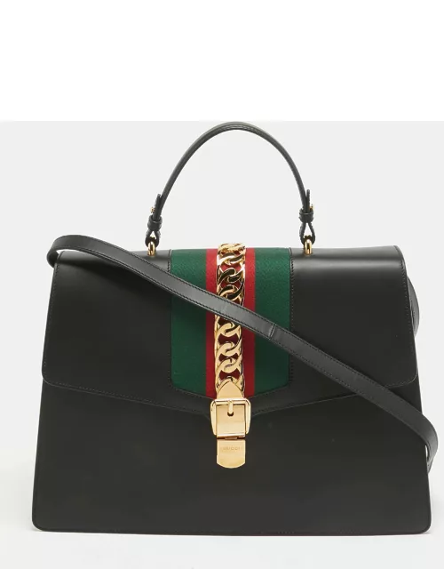 Gucci Black Leather Maxi Web Sylvie Top Handle Bag