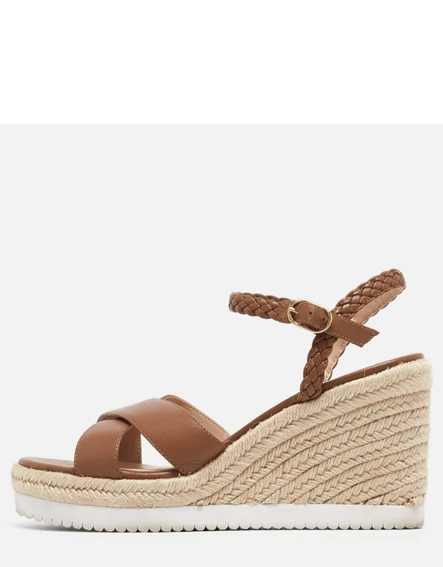 Stuart Weitzman Brown Leather Mykonos Wedge Espadrille Sandal