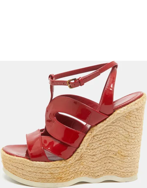 Yves Saint Laurent Red Patent Wedge Ankle Sandal