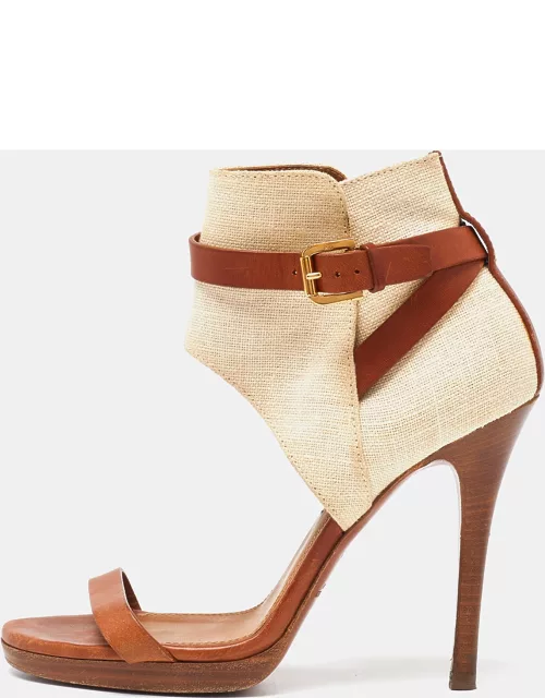 Ralph Lauren Collection Beige/Brown Canvas and Leather Platform Ankle Strap Sandal