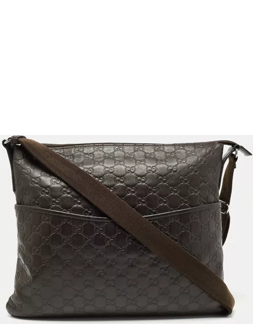 Gucci Dark Brown Guccissima Leather Zip Messenger Bag