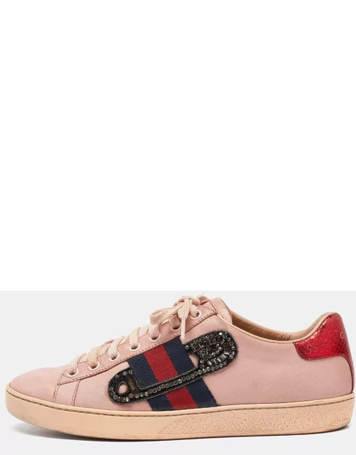 Gucci Pink Leather Ace Web Crystal Embellished Low Top Sneaker