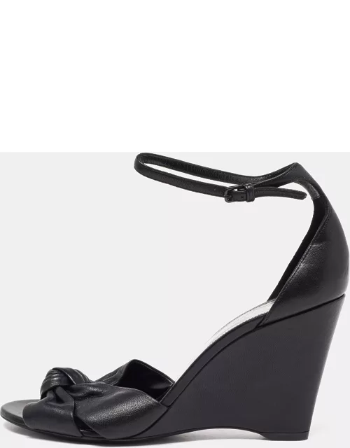 Saint Laurent Black Leather Ankle Strap Wedge Sandal