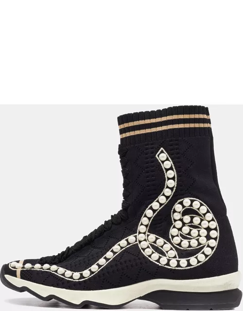 Fendi Black Knit Fabric Pearl Embellished Slip On High Top Sneaker