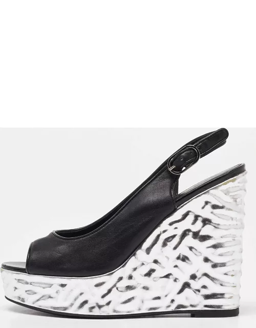 Chanel Black/Silver Leather Ankle Strap Platform Wedge Sandal