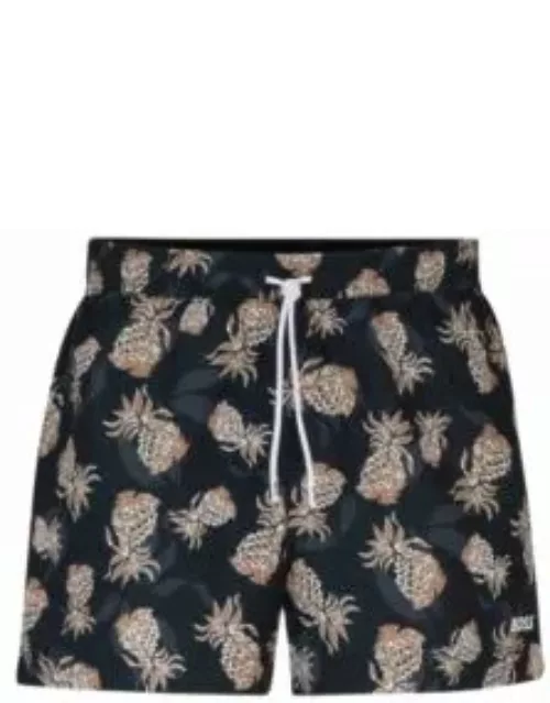 Fully lined swim shorts with pineapple motif- Black Men's Swim Short