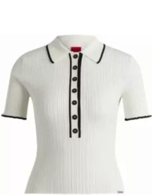 Slim-fit knitted top with polo collar- White Women's Casual Top