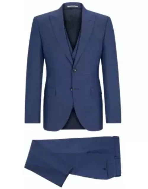 Regular-fit three-piece suit in melange virgin wool- Dark Blue Men's Business Suit