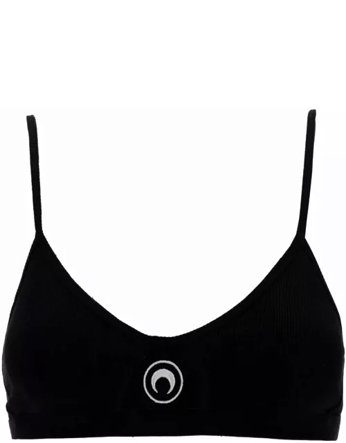 Marine Serre Black Top With Crescent Moon Embroidery In Ribbed Cotton Woman