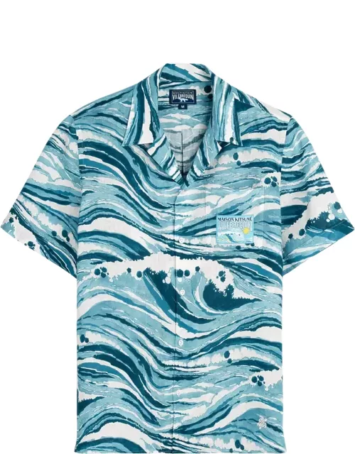 Men Linen Bowling Shirt Wave - Vilebrequin X Maison Kitsuné - Shirt - Charli - Blue