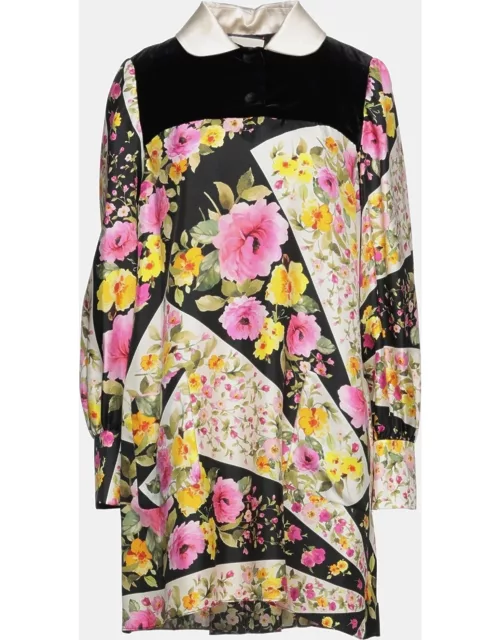 Gucci Black Floral Print Silk & Velvet Mini Dress M (IT 42)
