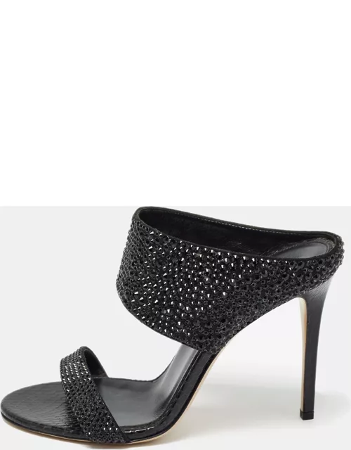 Le Silla Black Suede and Snake Embossed Leather Open Toe Sandal