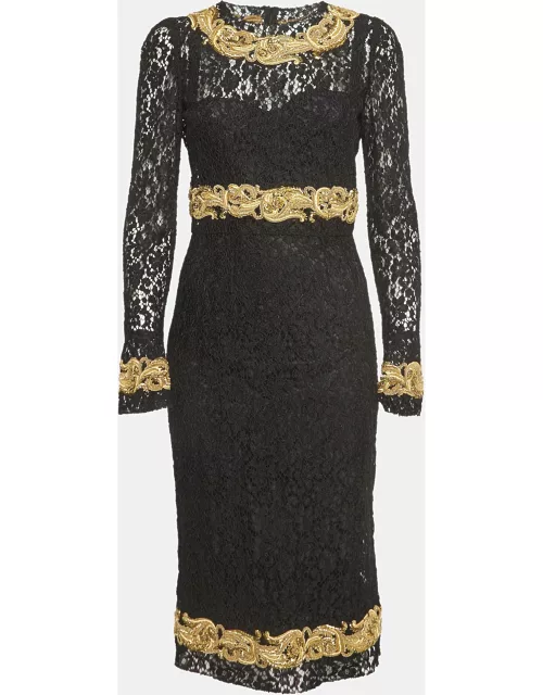 Dolce & Gabbana Black Baroque Goldwork Lace Long Sleeve Midi Dress