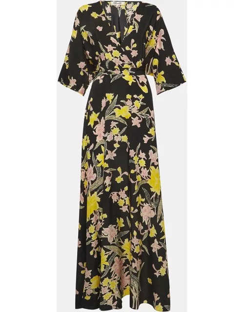 Diane Von Furstenberg Black Floral Print Silk Maxi Wrap Dress