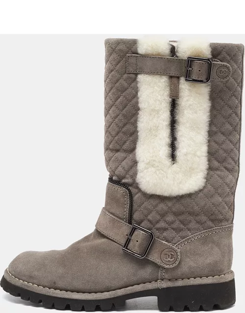 Chanel Grey Quilted Suede and Fur CC Buckle Detail Mid Calf Boot
