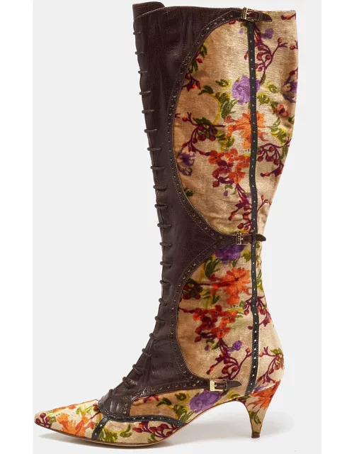 Etro Multicolor Leather and Floral Printed Velvet Knee Length Boot