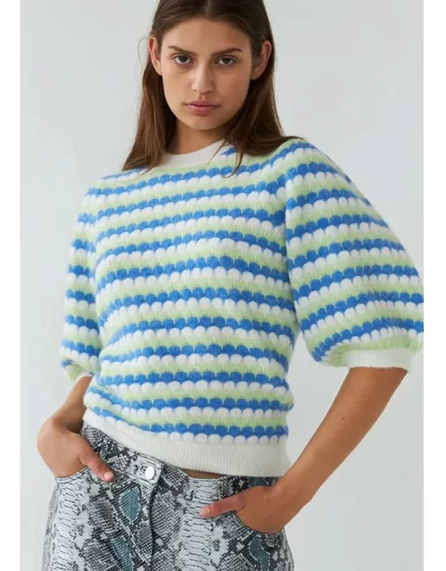 STELLA NOVA Knitted Wave Stripe Short Sleeve Sweater - Blue & Green