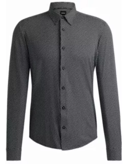 Slim-fit shirt in monogram-print performance-stretch material- Black Men's Casual Shirt