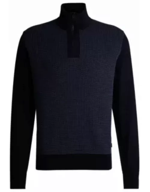Zip-neck sweater with mixed structures- Dark Blue Men's Sweater