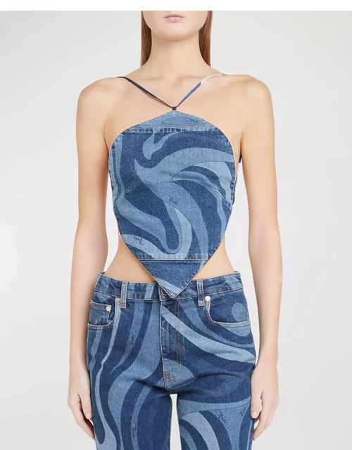 Swirl-Print Strappy Backless Crop Halter Top