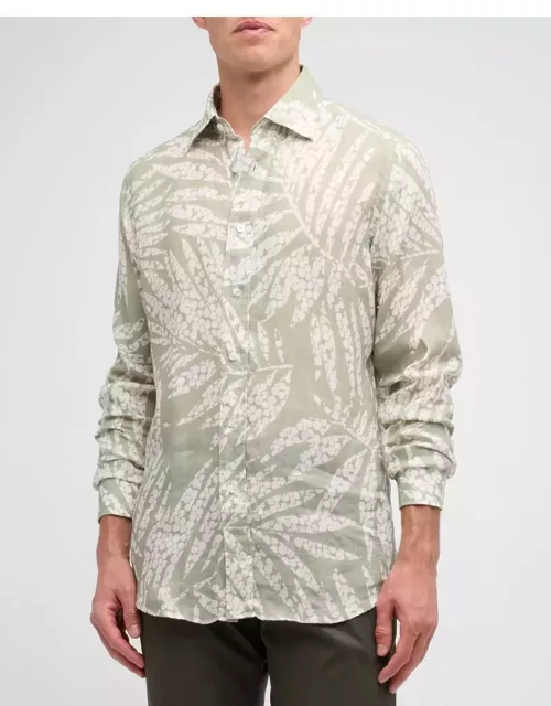 Men's Linen Floral-Print Casual Button-Down Shirt