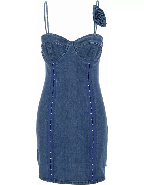 Rotate by Birger Christensen Mini Blue Dress With Rose Detail In Cotton Denim Woman