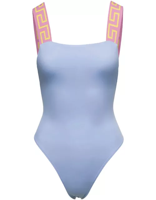 Versace Light Blue One-piece Swimsuit With Greca Motif On The Straps In Polyamide Woman