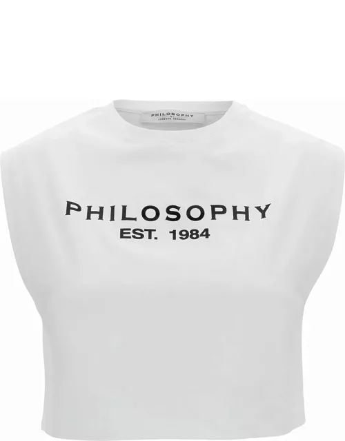Philosophy di Lorenzo Serafini White Crop T-shirt With Front And Rear Logo Print In Cotton Woman