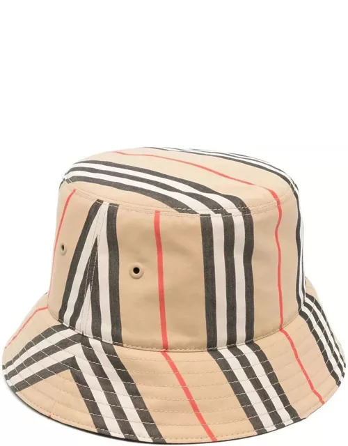 Burberry Brown Bucket Hat With Icon Stripe Motif In Cotton