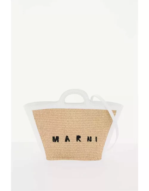 Marni Small Tropicalia Summer Bag In White Leather And Natural Raffia