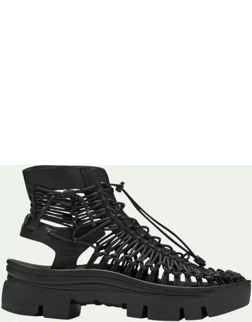 Leather Net Lace-Up Ankle Bootie