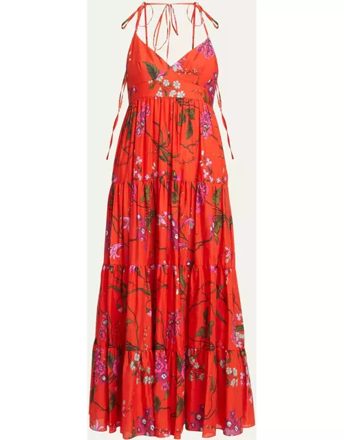 Floral-Print Strappy Ties Tiered Midi Dres
