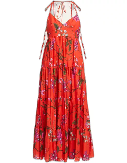 Floral-Print Strappy Ties Tiered Midi Dres