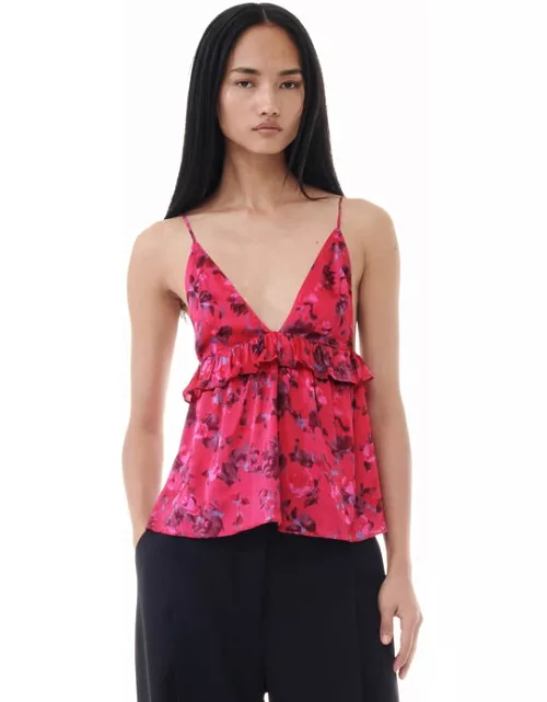 GANNI Red Floral Printed Satin Strap Top in Raspberry Wine