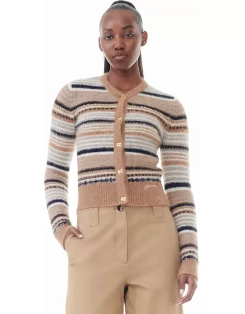 GANNI Brown Striped Soft Wool Cardigan in Beige