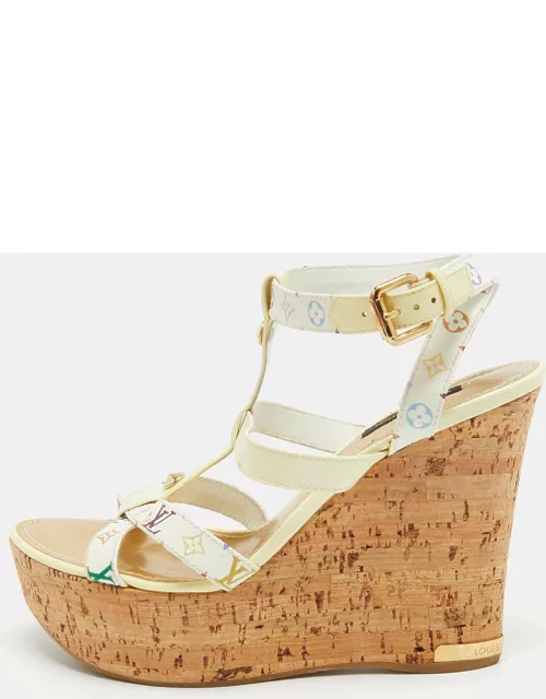 Louis Vuitton White Monogram Canvas and Patent Leather trappy Cork Wedge Platform Sandal
