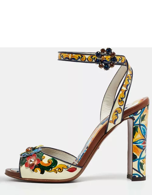 Dolce & Gabbana Multicolor Printed Patent Leather Embellished Ankle Wrap Sandal