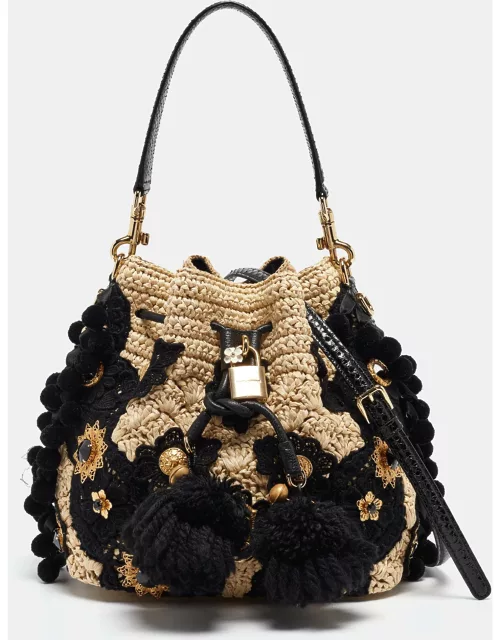 Dolce & Gabbana Beige/Black Raffia Crochet Embellished Claudia Bucket Bag