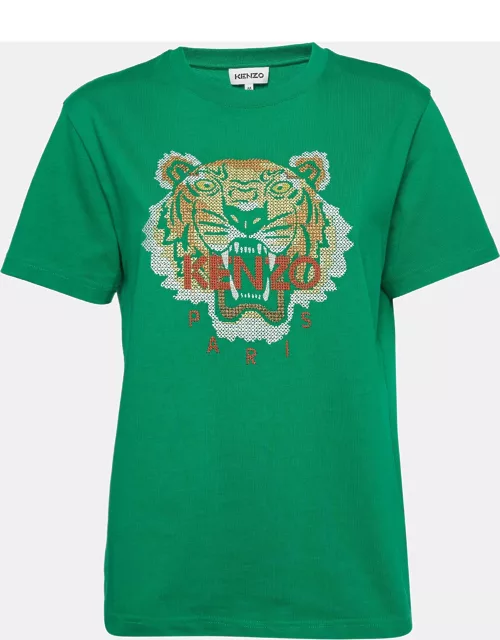 Kenzo Green Tiger Embroidered Cotton Crew Neck T-Shirt
