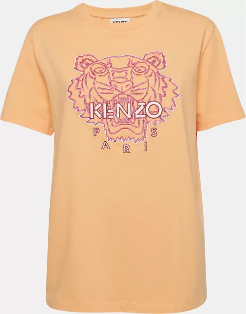 Kenzo Peach Pink Tiger Embroidered Cotton Crew Neck T-Shirt