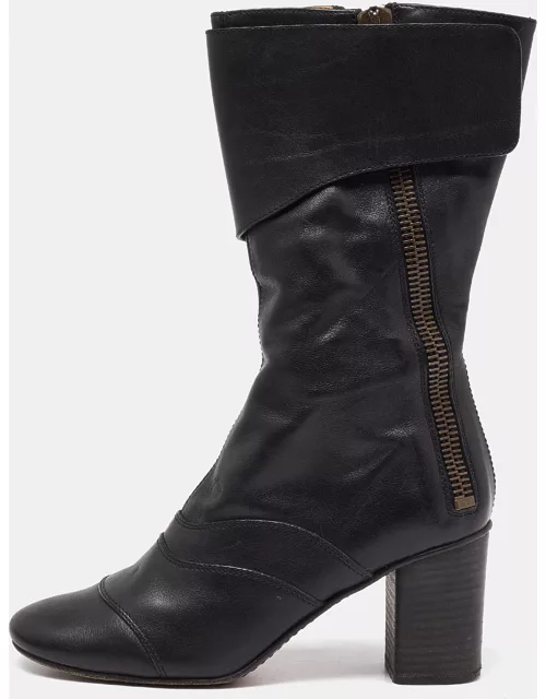 Chloe Black Leather Block Heel Mid Calf Boot